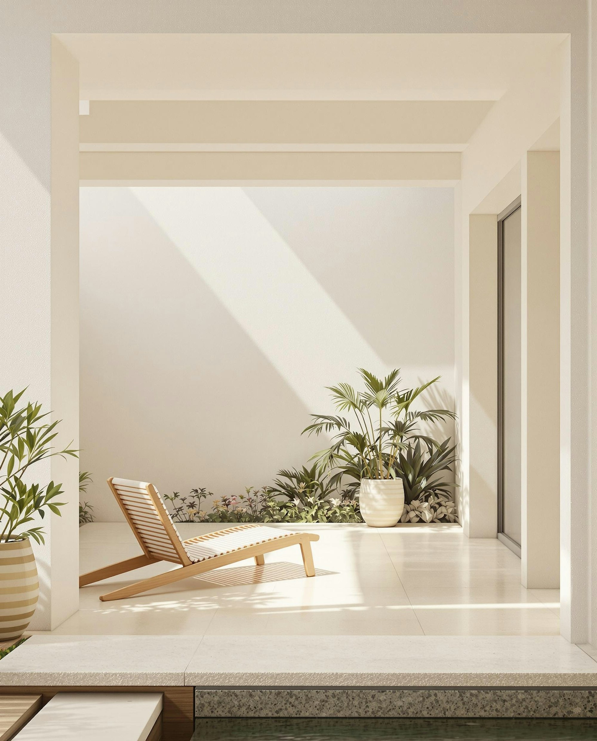 A serene, professionally landscaped backyard patio with a pool and lush greenery